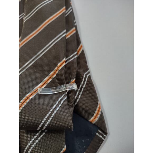Adrienne Vittadini Tie Brown, Diagonal Orange Stripes With Tie Clip Fall Colors - Picture 8 of 10